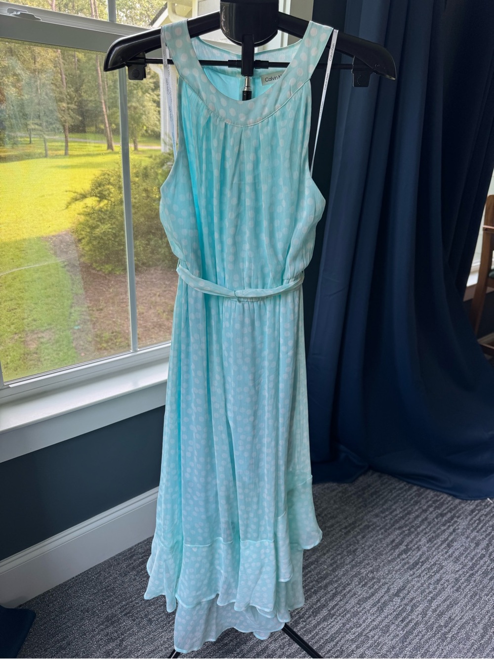 Calvin Klein Blue Polka Dot Chiffon Halter Ruffle Dress Women’s Size 14